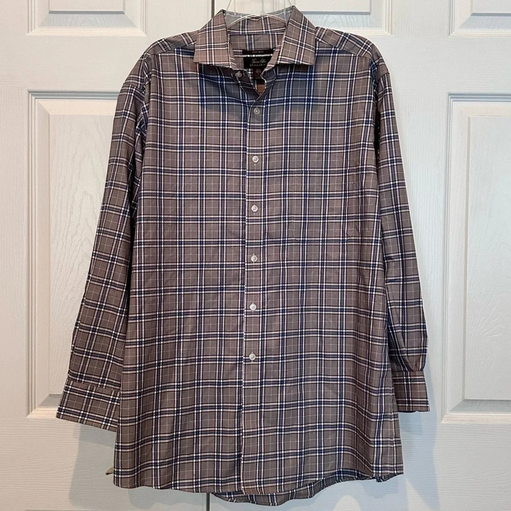Tasso Elba Men’s Dress Shirt 100% Cotton Brown Tan Blue Plaid Size Large